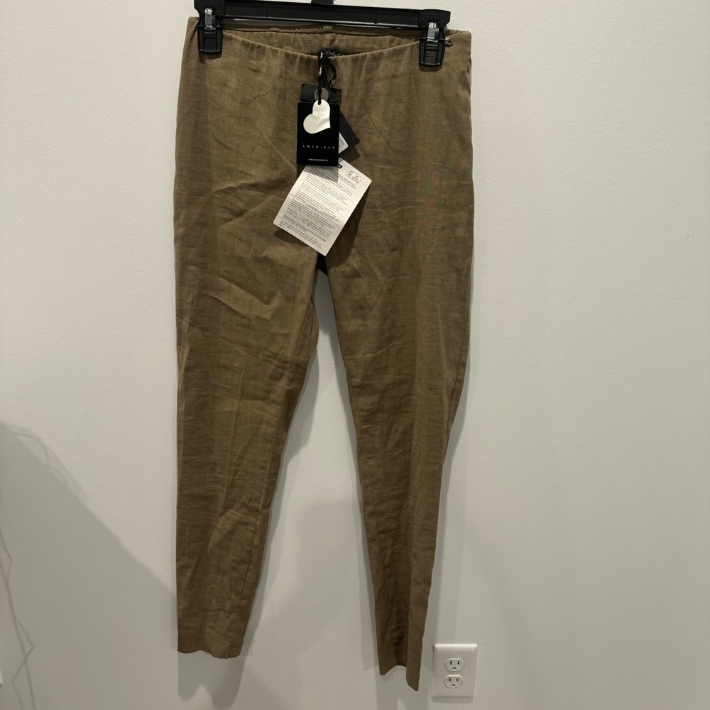 NWT Twinset Simona Barbieri Linen Khaki Casual Pants  Brown Side Zip Slim